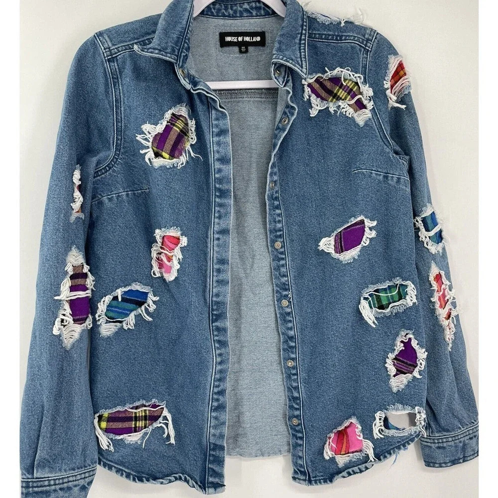 House of Holland Patchwork Denim Distressed Jean Shirt Snap size US 2 - Picture 10 of 13